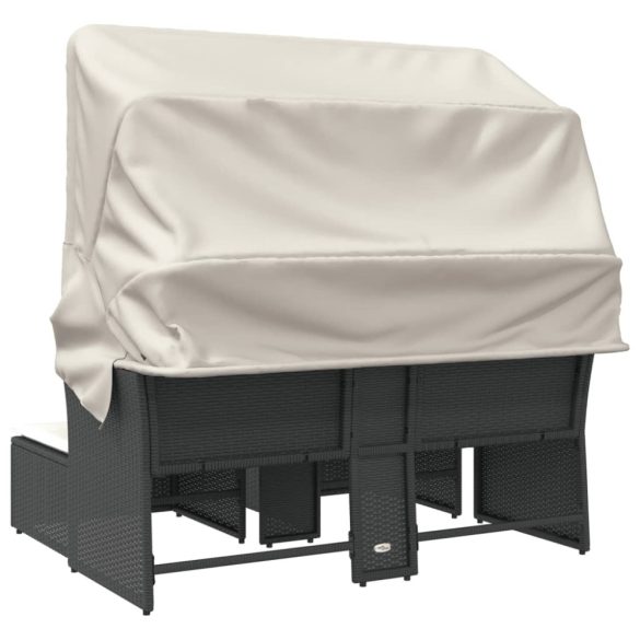 2 személyes fekete polyrattan kerti kanapé baldachinnal/székkel