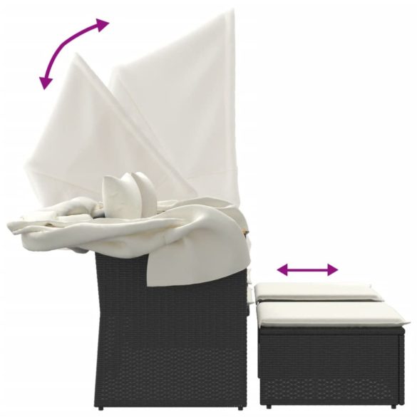 2 személyes fekete polyrattan kerti kanapé baldachinnal/székkel
