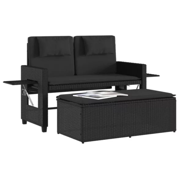 fekete polyrattan dönthető kerti pad párnával