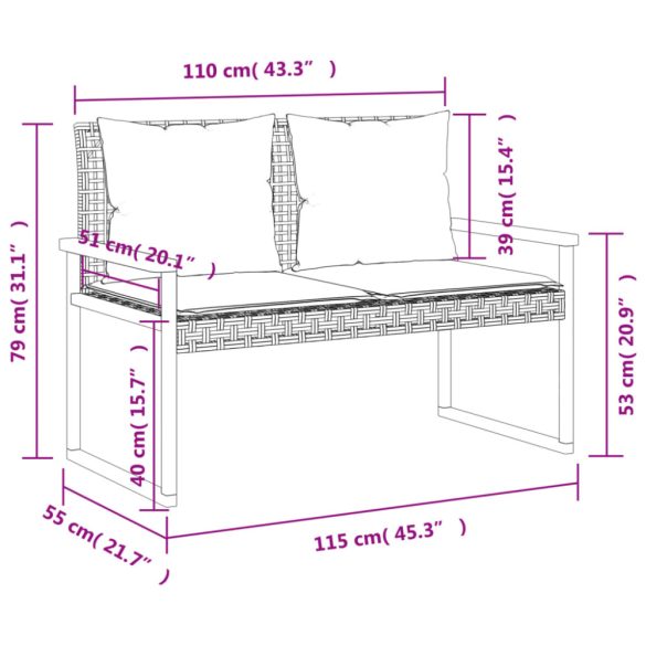fekete polyrattan és akácfa kerti pad párnával