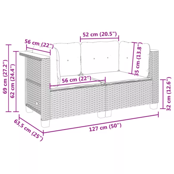2 db szürke polyrattan kerti sarokkanapé párnával