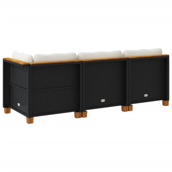fekete 3 személyes polyrattan kerti kanapé párnákkal