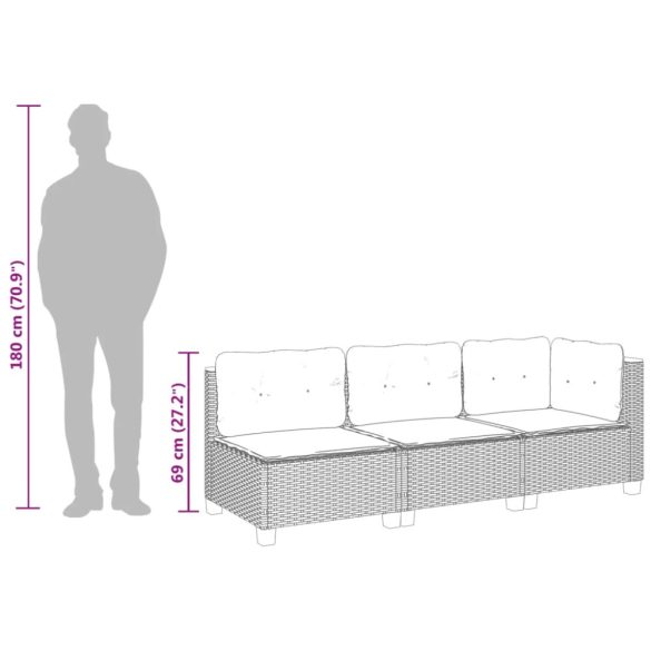 fekete 3 személyes polyrattan kerti kanapé párnákkal