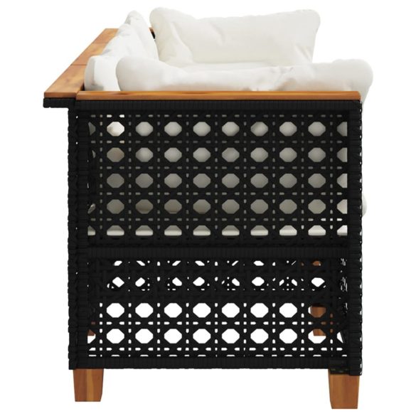 fekete 3 személyes polyrattan kerti kanapé párnákkal