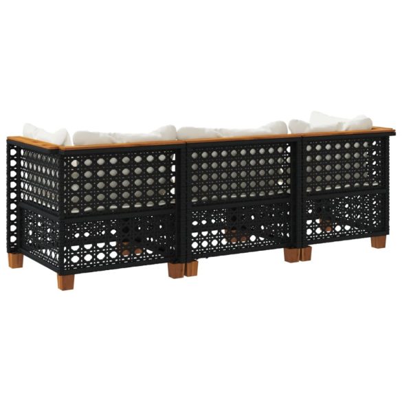 fekete 3 személyes polyrattan kerti kanapé párnákkal