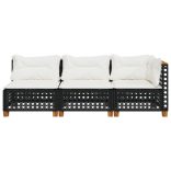 fekete 3 személyes polyrattan kerti kanapé párnákkal
