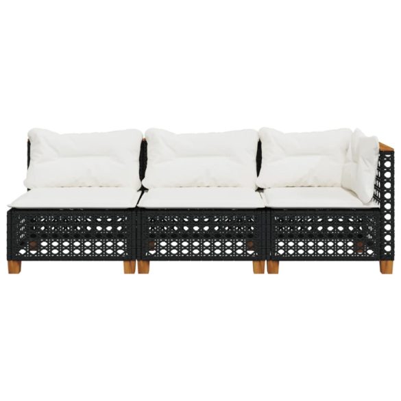 fekete 3 személyes polyrattan kerti kanapé párnákkal