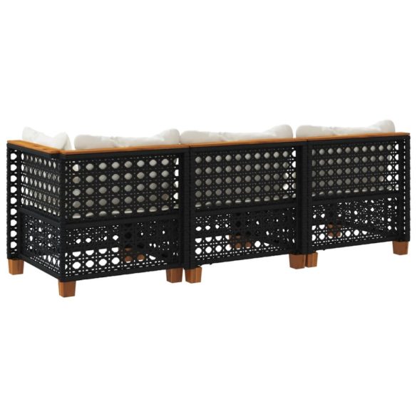 fekete 3 személyes polyrattan kerti kanapé párnákkal