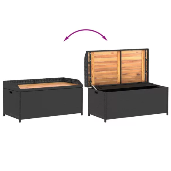 fekete polyrattan és akácfa tárolópad 100 x 50 x 52 cm