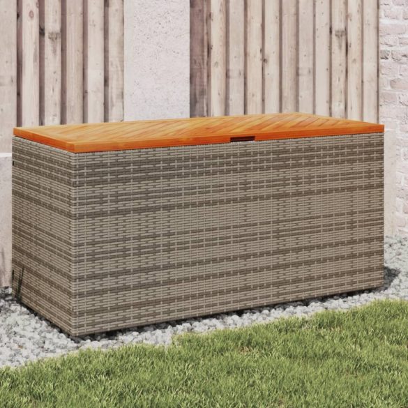 szürke polyrattan és akácfa kerti tárolóláda 110 x 50 x 54 cm