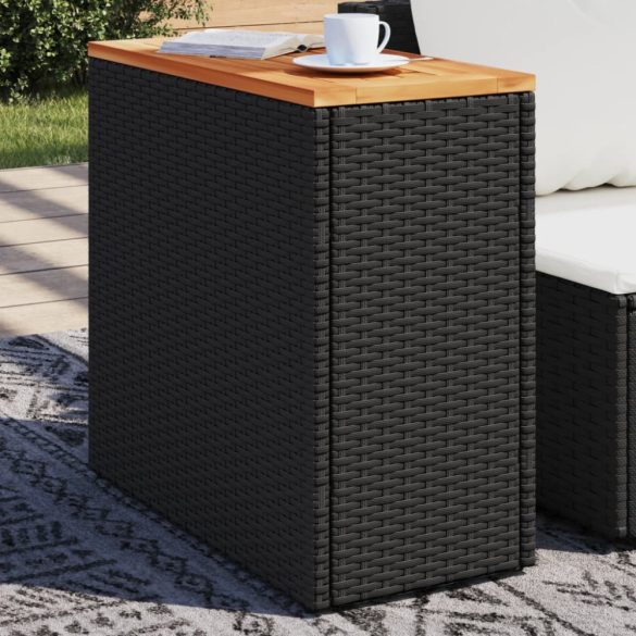 fekete polyrattan kerti kisasztal fa asztallappal 58x27,5x55 cm