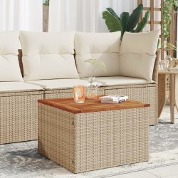 bézs polyrattan és akácfa kerti asztal 55 x 55 x 37 cm