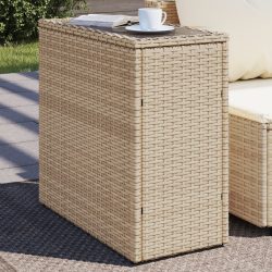   bézs polyrattan kerti kisasztal üveg asztallappal 58x27,5x55 cm