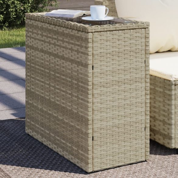 világosszürke polyrattan kerti kisasztal üveg lappal58x27,5x55cm