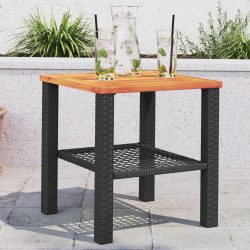 fekete polyrattan és akácfa kerti asztal 40 x 40 x 42 cm