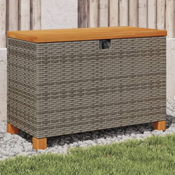 szürke polyrattan és akácfa kerti tárolóláda 80 x 40 x 48 cm