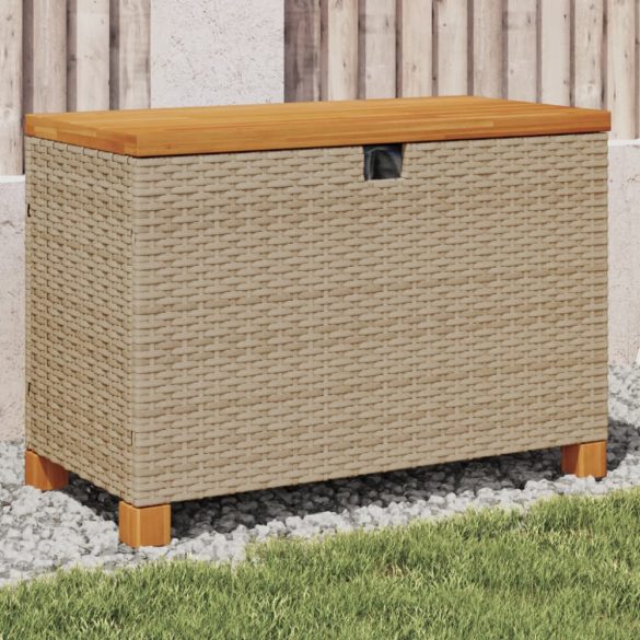 bézs polyrattan és akácfa kerti tárolóláda 80 x 40 x 48 cm