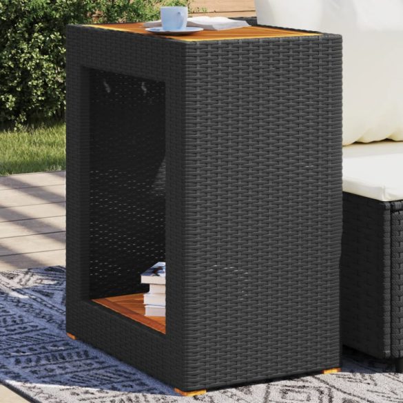 fekete polyrattan kerti kisasztal fa asztallappal 60x40x75 cm