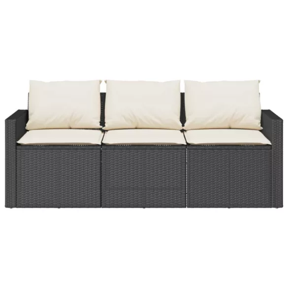 fekete 3 személyes polyrattan kerti kanapé párnákkal
