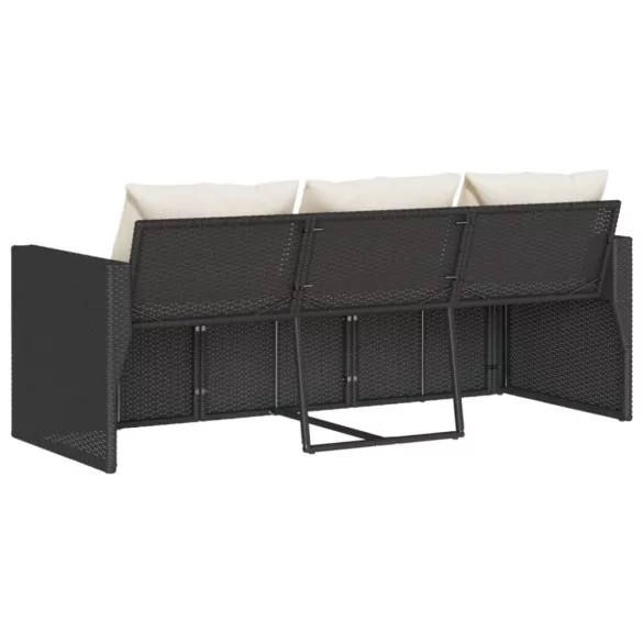fekete 3 személyes polyrattan kerti kanapé párnákkal