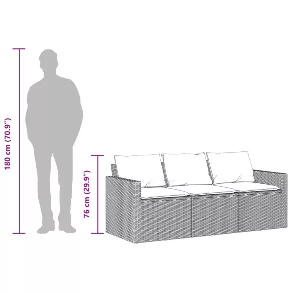 fekete 3 személyes polyrattan kerti kanapé párnákkal