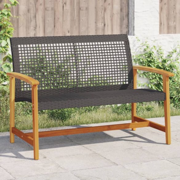 fekete polyrattan és akácfa kerti pad 112 cm