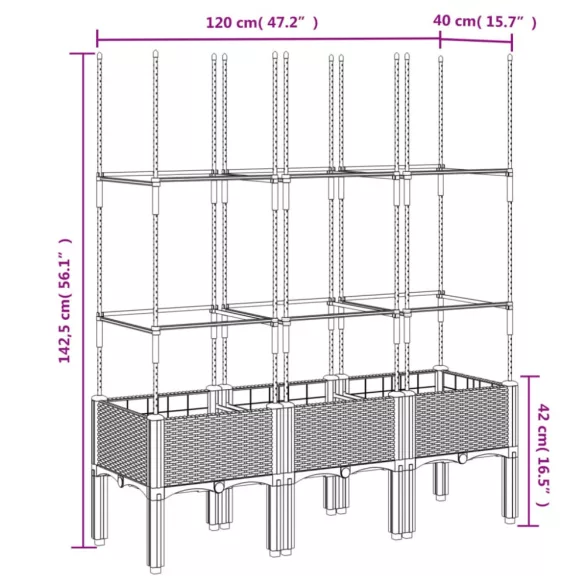 fehér polipropilén rácsos kerti ültetőláda 120 x 40 x 142,5 cm