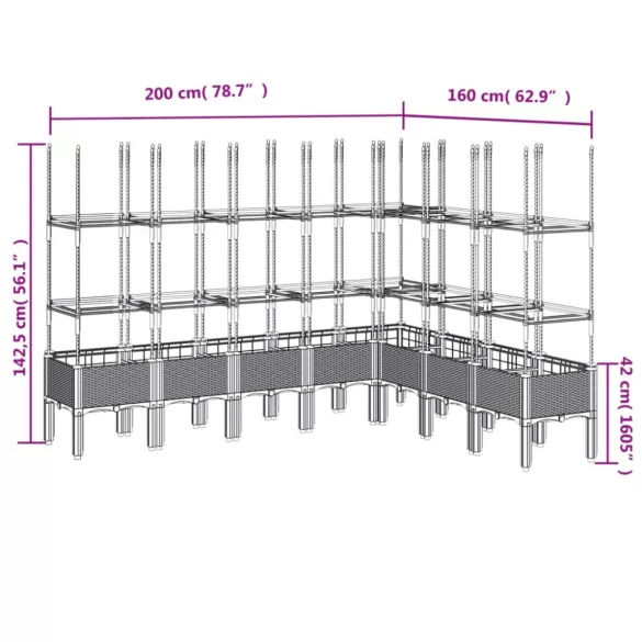 világosszürke PP rácsos kerti ültetőláda 200 x 160 x 142,5 cm