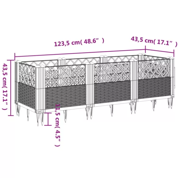 fekete PP kerti virágláda cövekekkel 123,5 x 43,5 x 43,5 cm