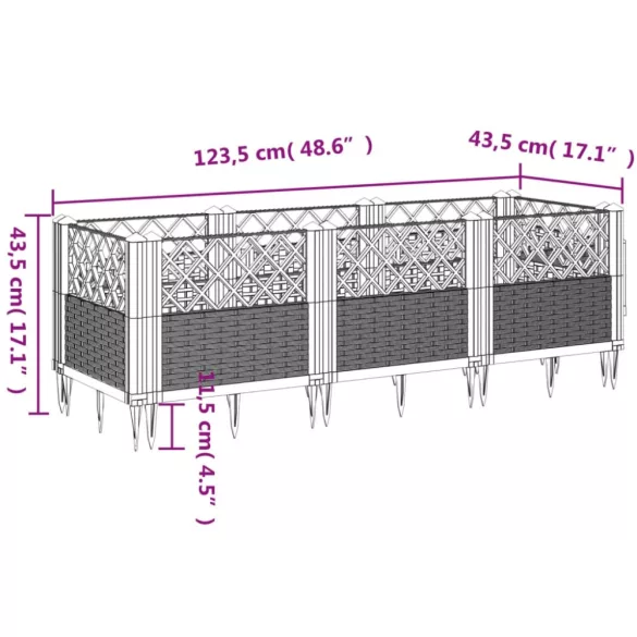 fehér polipropilén kerti virágláda cövekekkel 123,5x43,5x43,5cm