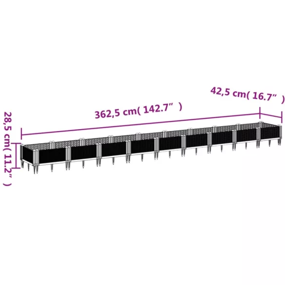 kékszürke PP kerti virágláda cövekekkel 362,5 x 42,5 x 28,5 cm
