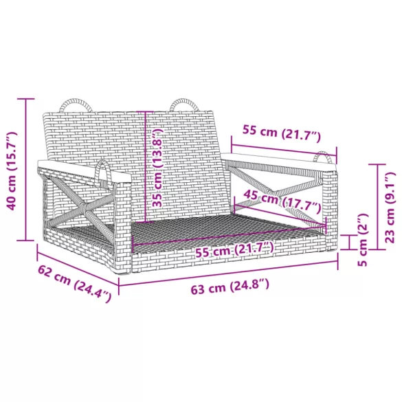 fekete polyrattan hintapad 63 x 62 x 40 cm