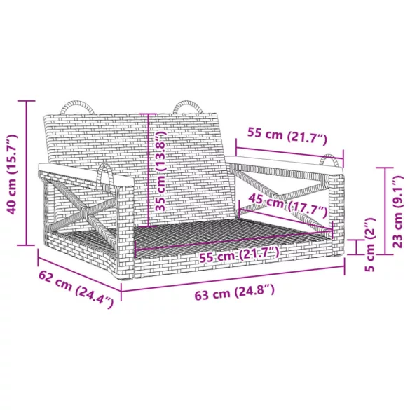 szürke polyrattan hintapad 63 x 62 x 40 cm
