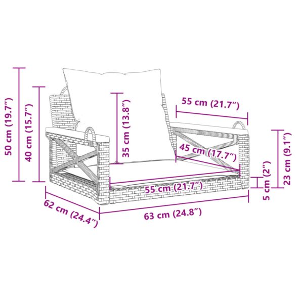 szürke polyrattan hintapad párnákkal 63 x 62 x 40 cm
