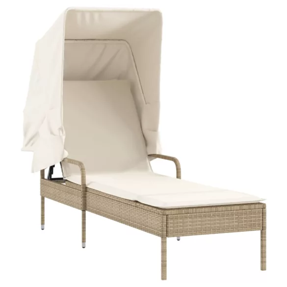 bézs polyrattan napozóágy tetővel