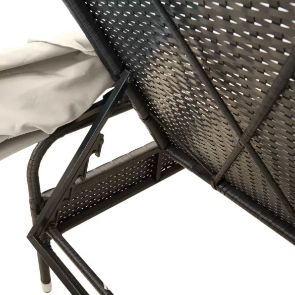 fekete polyrattan napozóágy tetővel és asztallal
