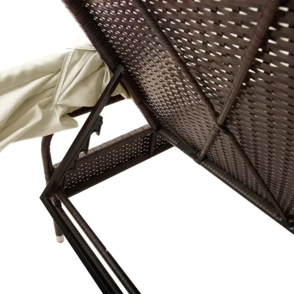 barna polyrattan napozóágy tetővel és asztallal