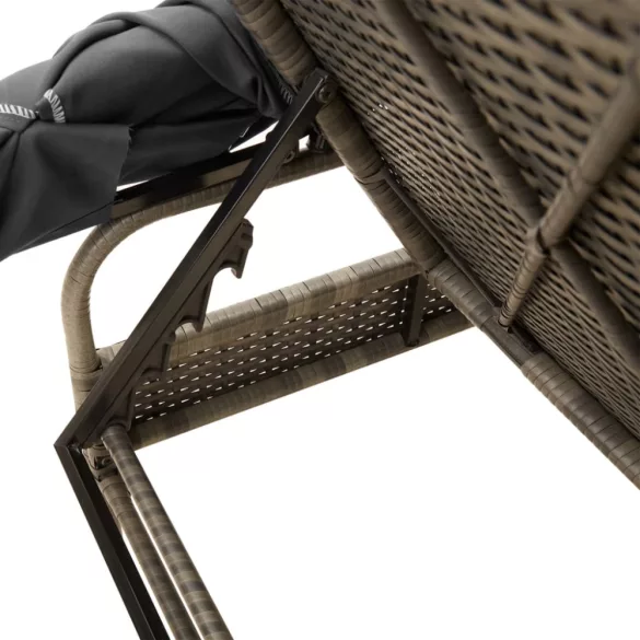 szürke polyrattan napozóágy tetővel és asztallal
