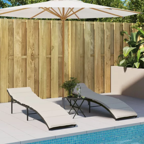 fekete polyrattan napozóágy párnával 55x199x50 cm