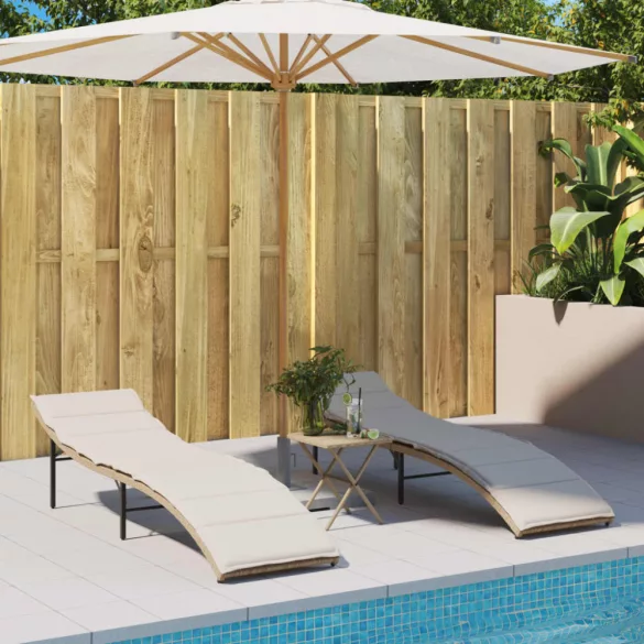 bézs polyrattan napozóágy párnával 55x199x50 cm