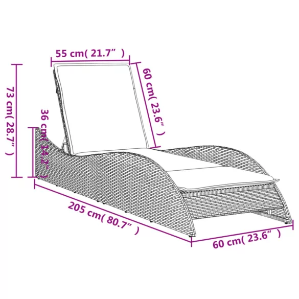 barna polyrattan napozóágy párnával 60x205x73 cm