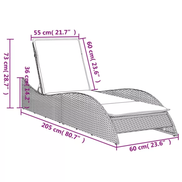 szürke polyrattan napozóágy párnával 60x205x73 cm