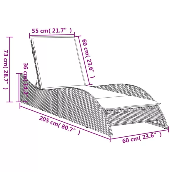 bézs polyrattan napozóágy párnával 60x205x73 cm