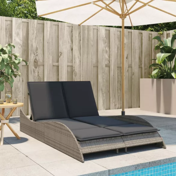 szürke polyrattan napozóágy párnákkal 114x205x73 cm