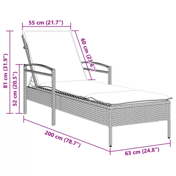szürke polyrattan napozóágy párnával 63x200x81 cm