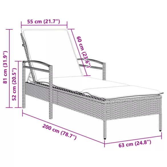 bézs polyrattan napozóágy párnával 63x200x81 cm