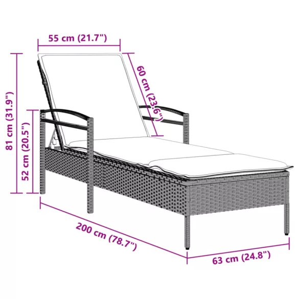 világosszürke polyrattan napozóágy párnával 63x200x81 cm