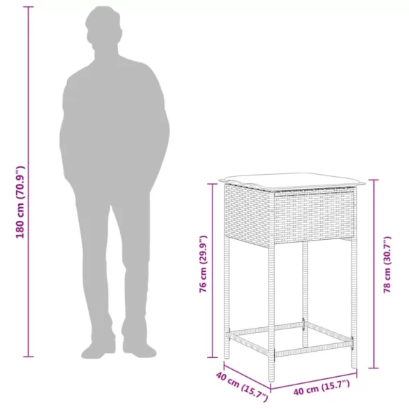 2 db fekete polyrattan kerti bárszék párnával