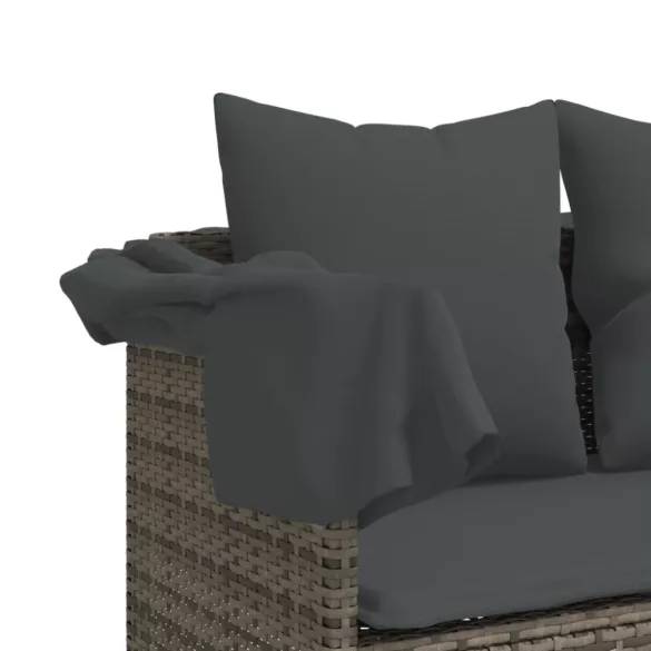 szürke polyrattan napozóágy tetővel és párnával