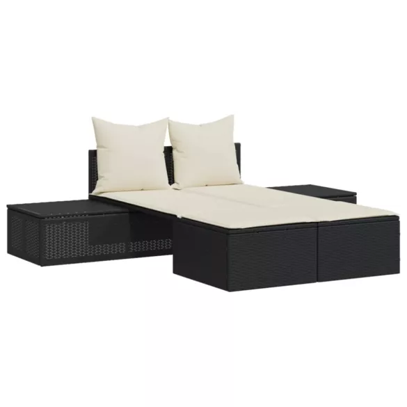fekete polyrattan dupla napozóágy párnával